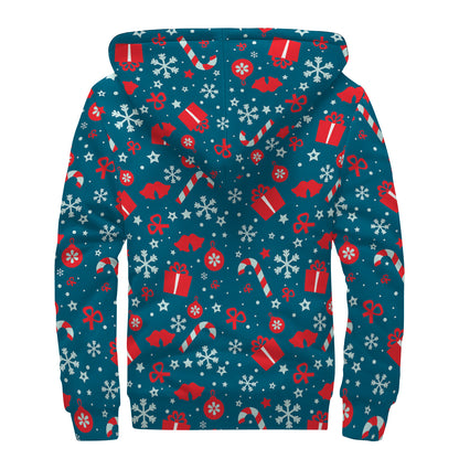 Christmas Holiday Elements Pattern Print Sherpa Lined Zip Up Hoodie