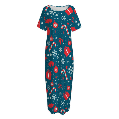 Christmas Holiday Elements Pattern Print Short Sleeve Long Nightdress