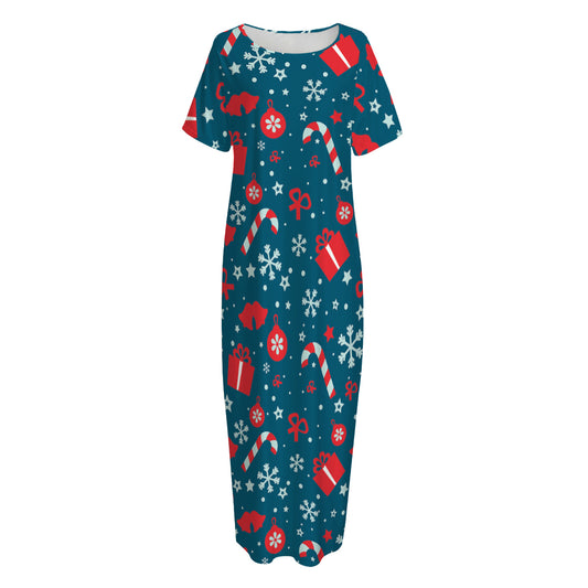 Christmas Holiday Elements Pattern Print Short Sleeve Long Nightdress