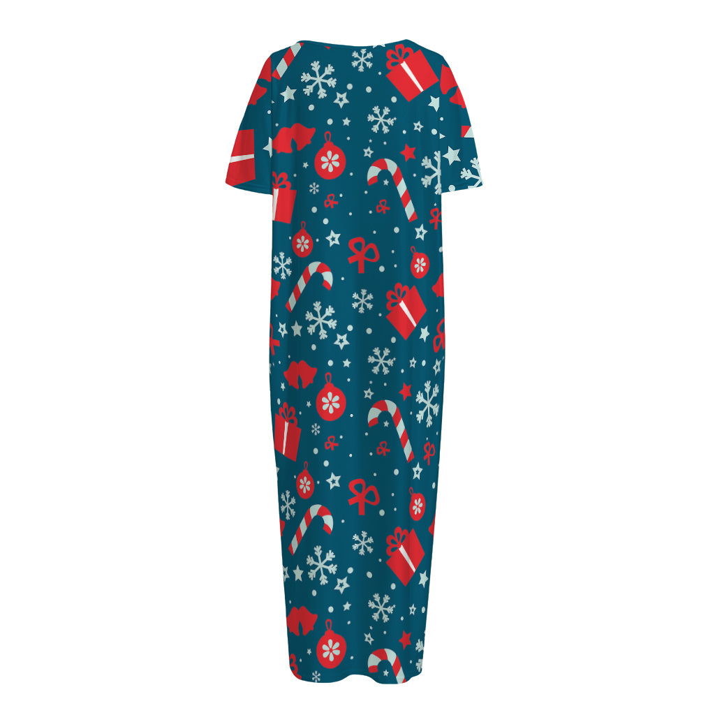Christmas Holiday Elements Pattern Print Short Sleeve Long Nightdress