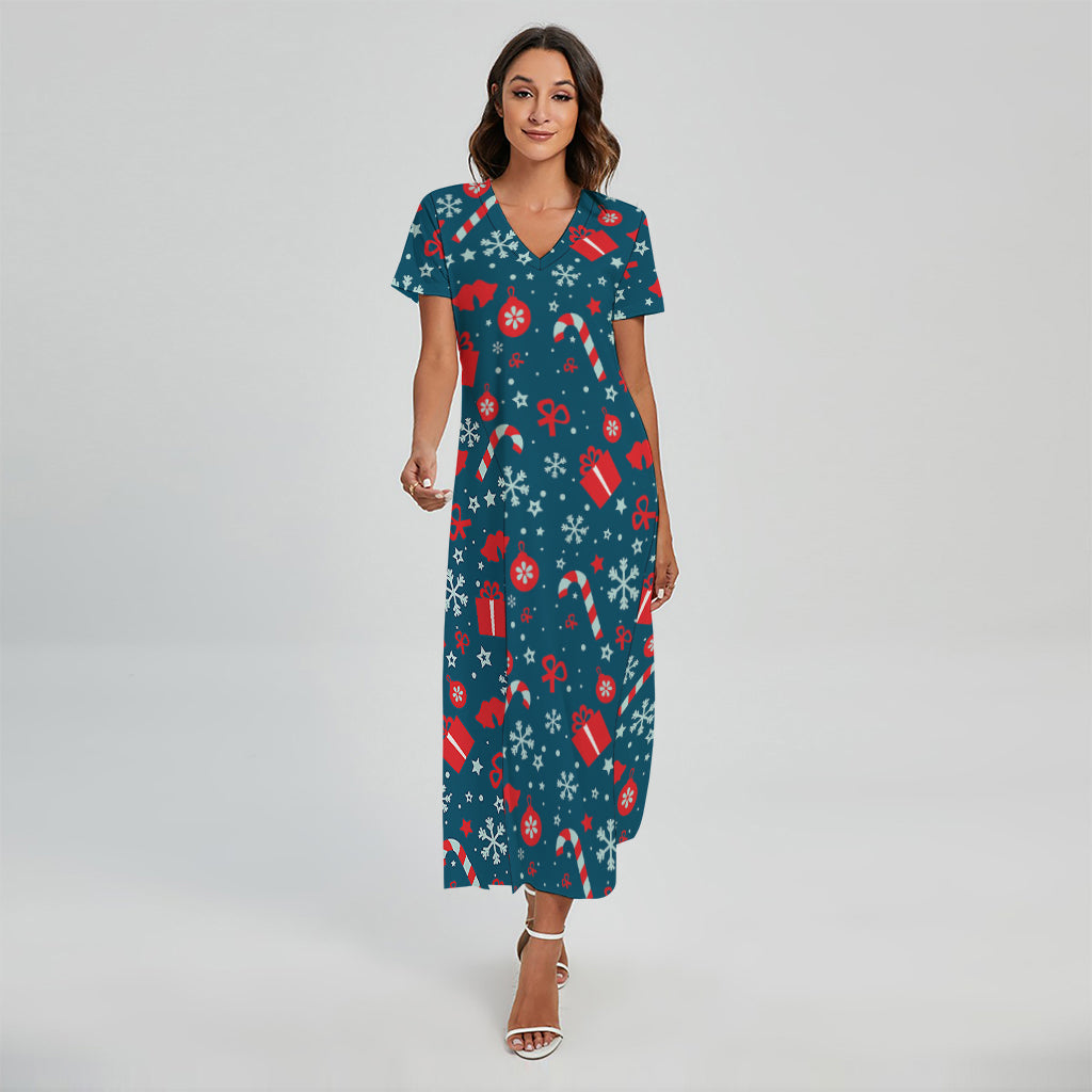 Christmas Holiday Elements Pattern Print Short Sleeve Maxi Dress