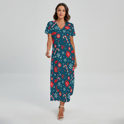 Christmas Holiday Elements Pattern Print Short Sleeve Maxi Dress
