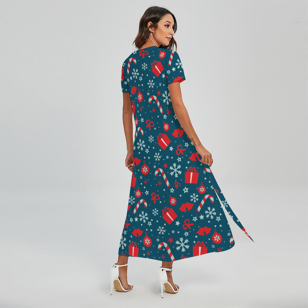 Christmas Holiday Elements Pattern Print Short Sleeve Maxi Dress
