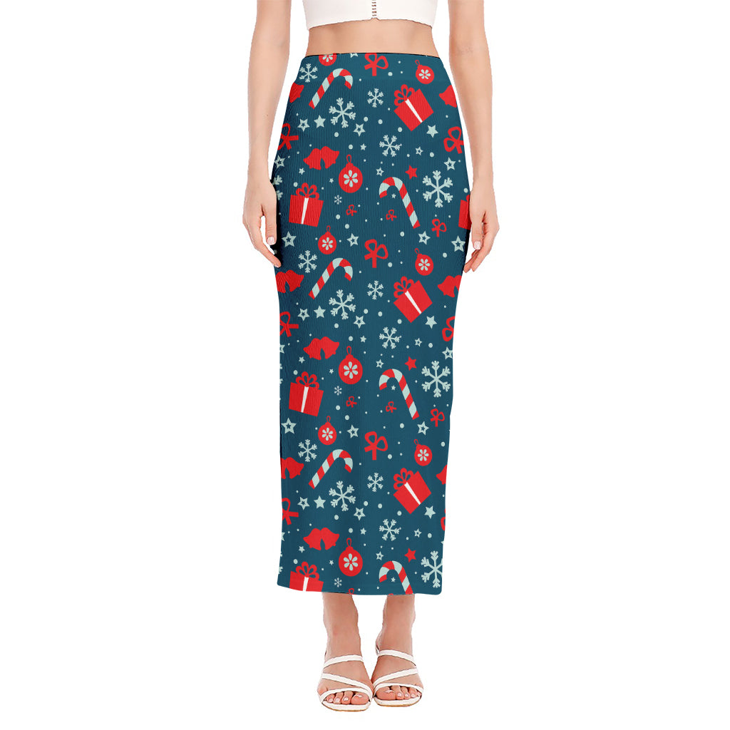 Christmas Holiday Elements Pattern Print Side Slit Maxi Skirt