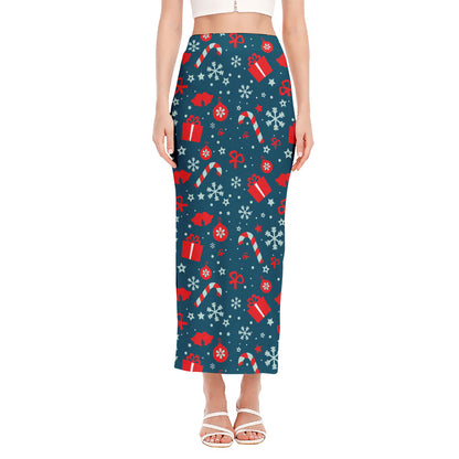 Christmas Holiday Elements Pattern Print Side Slit Maxi Skirt