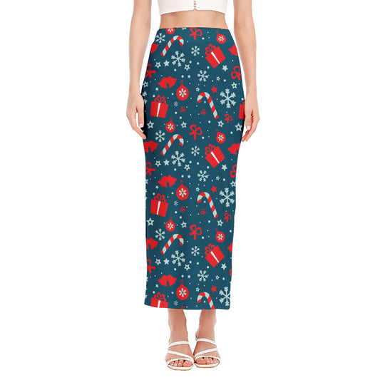 Christmas Holiday Elements Pattern Print Side Slit Maxi Skirt