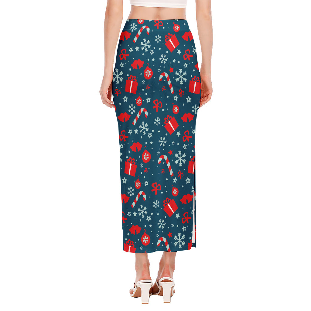 Christmas Holiday Elements Pattern Print Side Slit Maxi Skirt