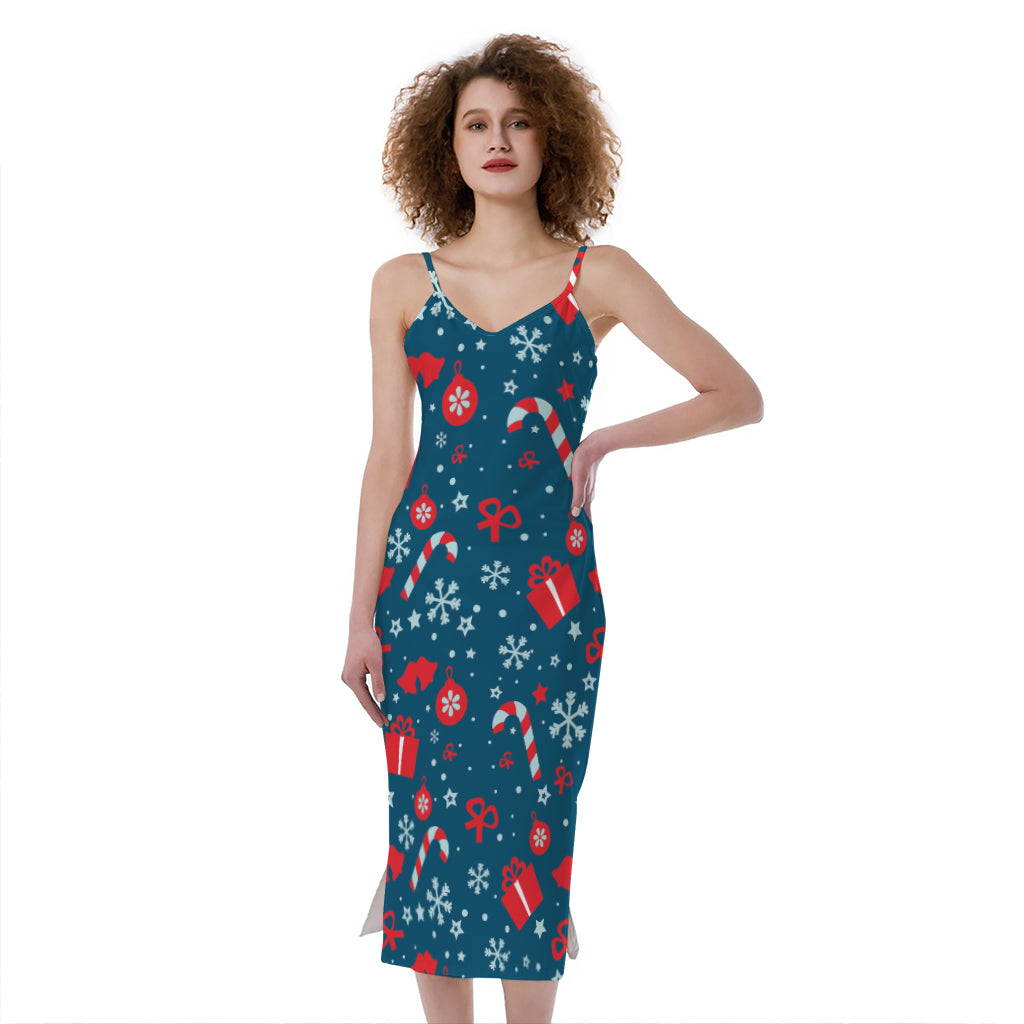 Christmas Holiday Elements Pattern Print Slim Fit Midi Cami Dress