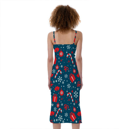 Christmas Holiday Elements Pattern Print Slim Fit Midi Cami Dress