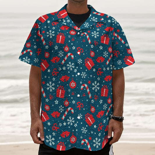Christmas Holiday Elements Pattern Print Textured Short Sleeve Shirt