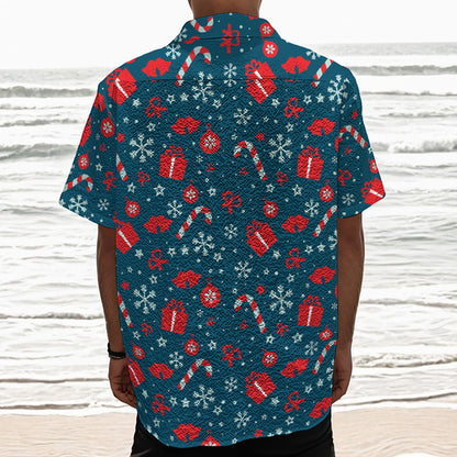 Christmas Holiday Elements Pattern Print Textured Short Sleeve Shirt