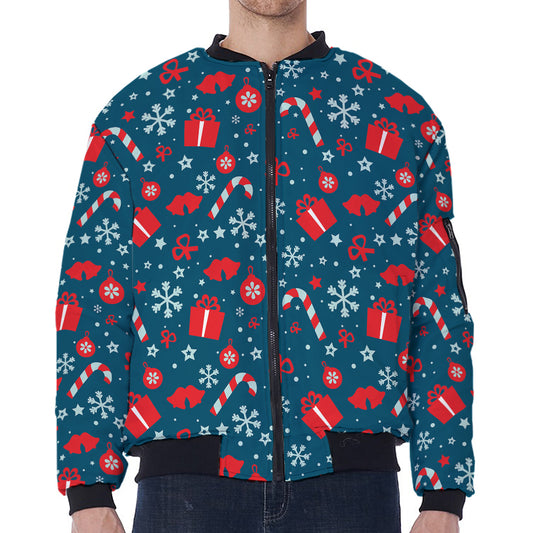 Christmas Holiday Elements Pattern Print Zip Sleeve Bomber Jacket