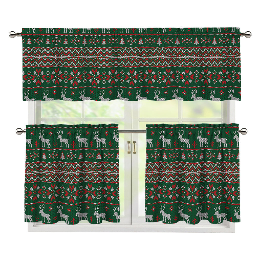 Christmas Holiday Knitted Pattern Print 3 Piece Kitchen Curtains