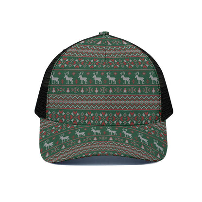 Christmas Holiday Knitted Pattern Print Black Mesh Trucker Cap