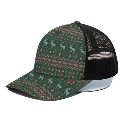 Christmas Holiday Knitted Pattern Print Black Mesh Trucker Cap