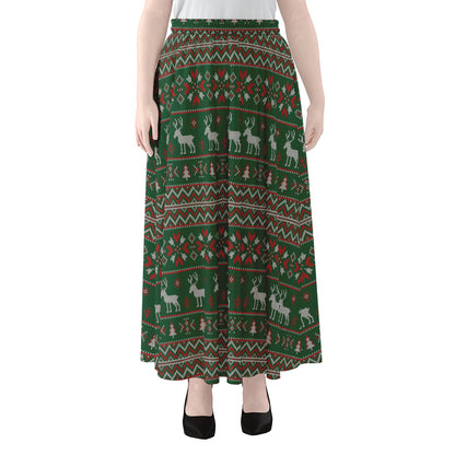 Christmas Holiday Knitted Pattern Print Chiffon Maxi Skirt