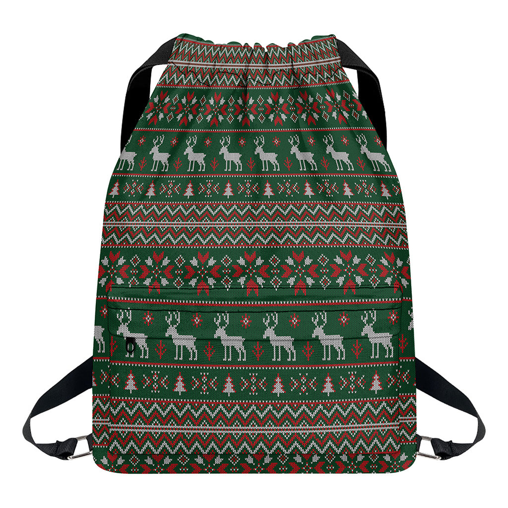 Christmas Holiday Knitted Pattern Print Drawstring Backpack