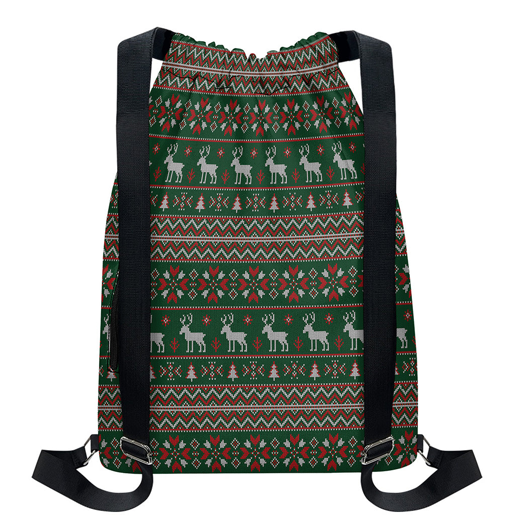 Christmas Holiday Knitted Pattern Print Drawstring Backpack