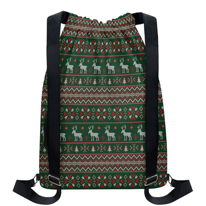 Christmas Holiday Knitted Pattern Print Drawstring Backpack