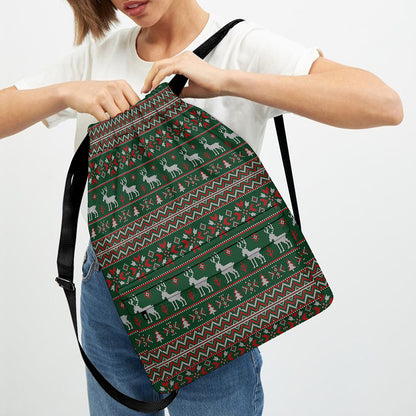 Christmas Holiday Knitted Pattern Print Drawstring Backpack