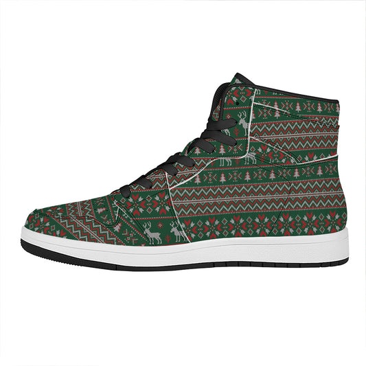 Christmas Holiday Knitted Pattern Print High Top Leather Sneakers