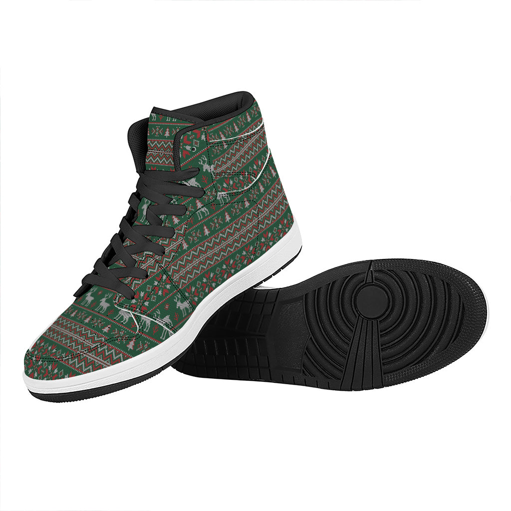 Christmas Holiday Knitted Pattern Print High Top Leather Sneakers
