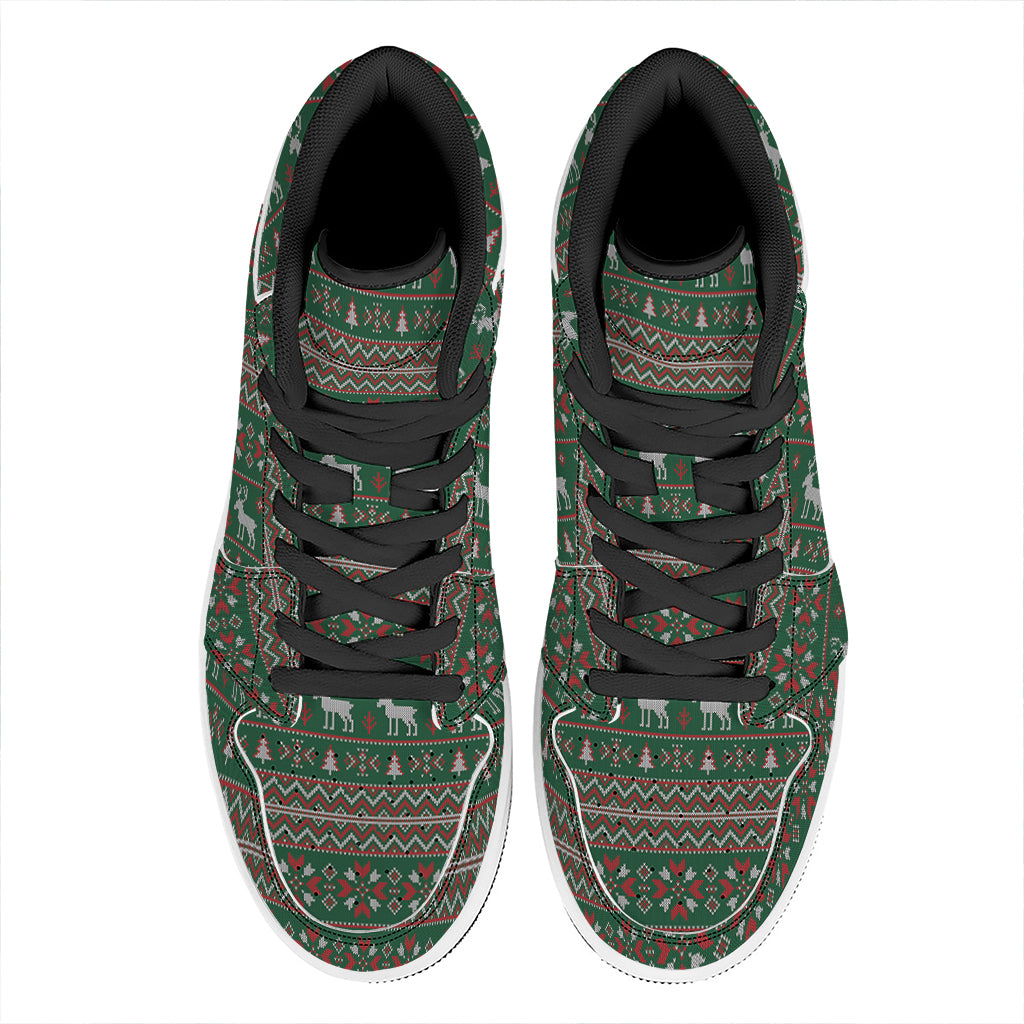 Christmas Holiday Knitted Pattern Print High Top Leather Sneakers