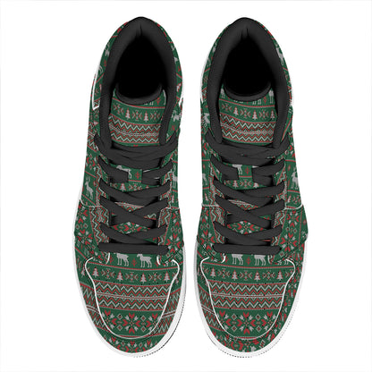 Christmas Holiday Knitted Pattern Print High Top Leather Sneakers