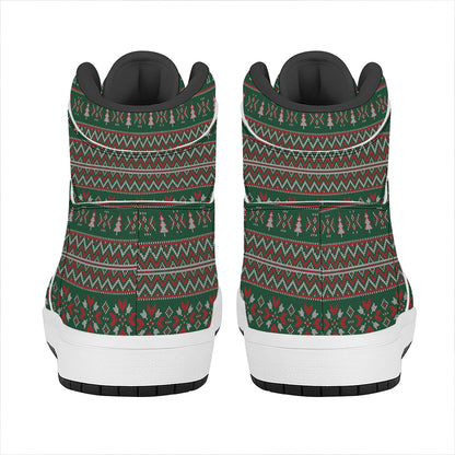 Christmas Holiday Knitted Pattern Print High Top Leather Sneakers