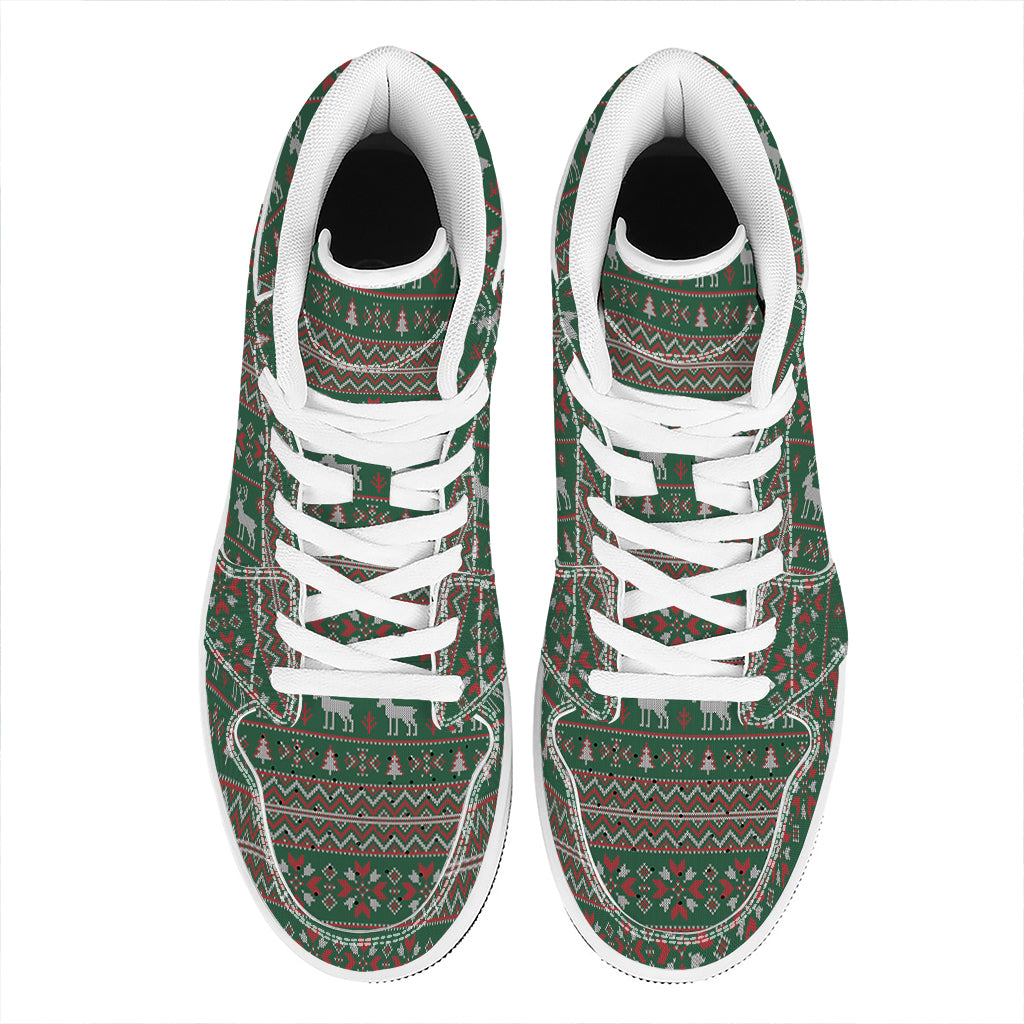 Christmas Holiday Knitted Pattern Print High Top Leather Sneakers