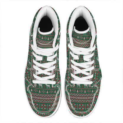 Christmas Holiday Knitted Pattern Print High Top Leather Sneakers