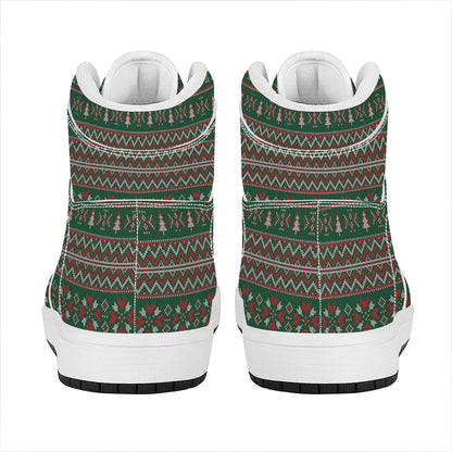 Christmas Holiday Knitted Pattern Print High Top Leather Sneakers