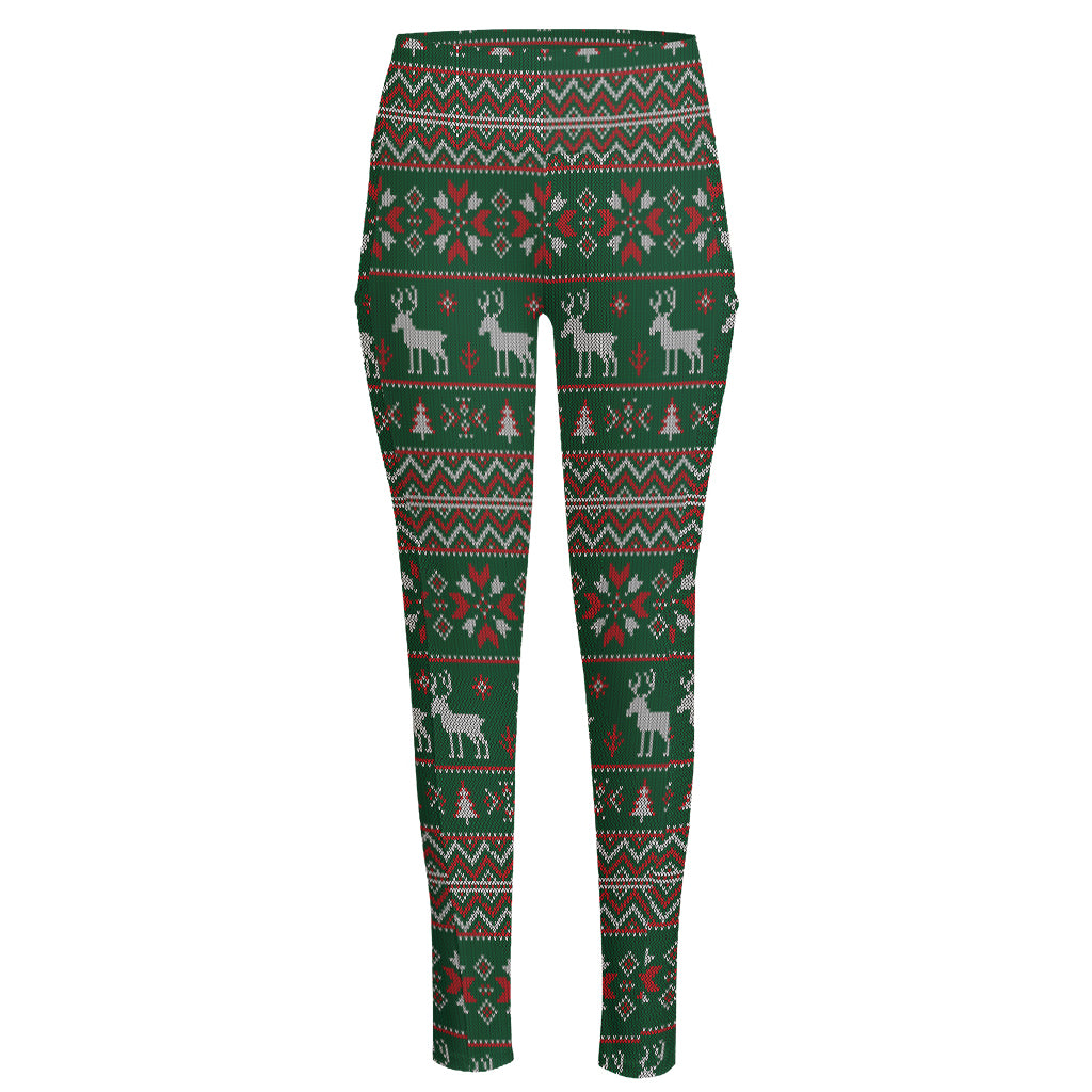 Christmas Holiday Knitted Pattern Print High-Waisted Pocket Leggings