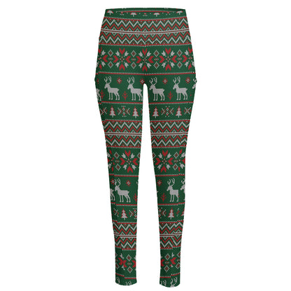 Christmas Holiday Knitted Pattern Print High-Waisted Pocket Leggings