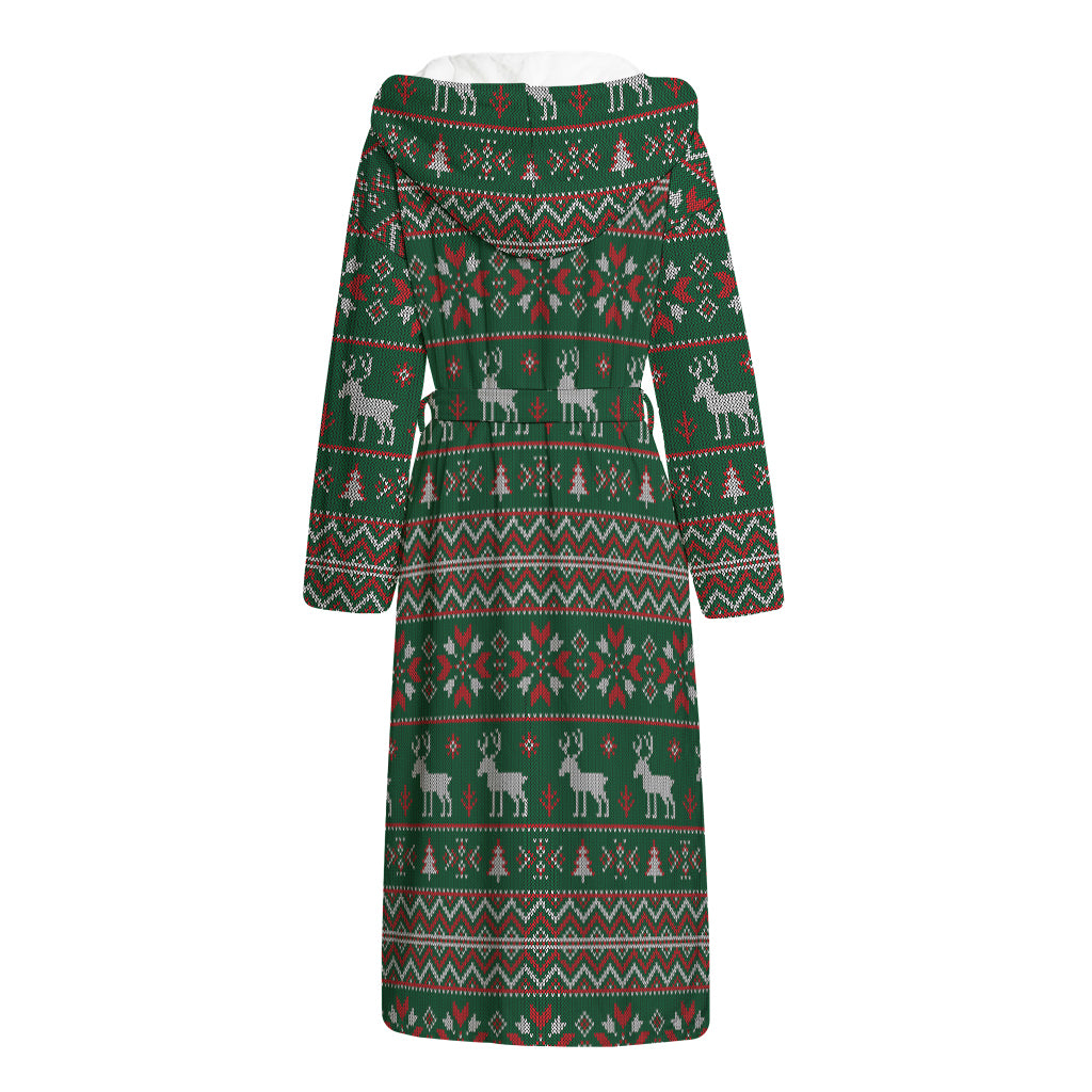 Christmas Holiday Knitted Pattern Print Hooded Bathrobe