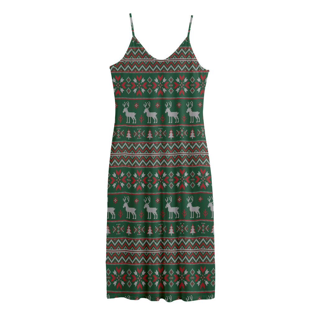 Christmas Holiday Knitted Pattern Print Jersey Midi Cami Dress