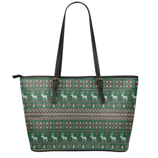 Christmas Holiday Knitted Pattern Print Leather Tote Bag