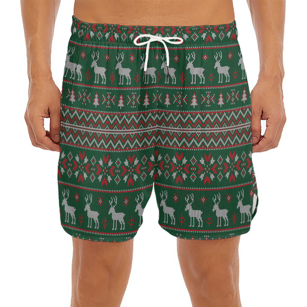 Christmas Holiday Knitted Pattern Print Men's Split Running Shorts
