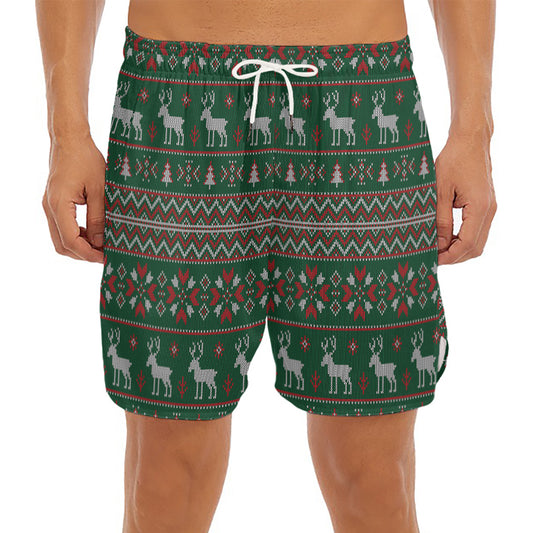 Christmas Holiday Knitted Pattern Print Men's Split Running Shorts