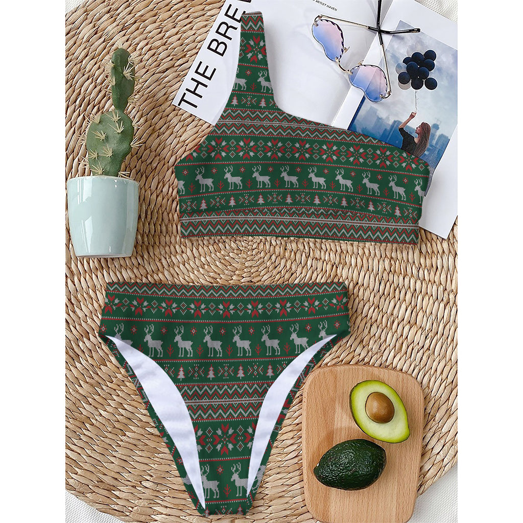 Christmas Holiday Knitted Pattern Print One Shoulder Bikini Top