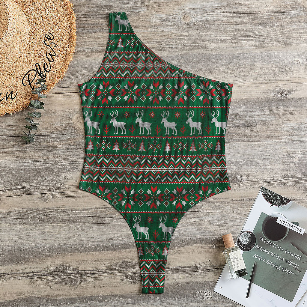 Christmas Holiday Knitted Pattern Print One Shoulder Bodysuit