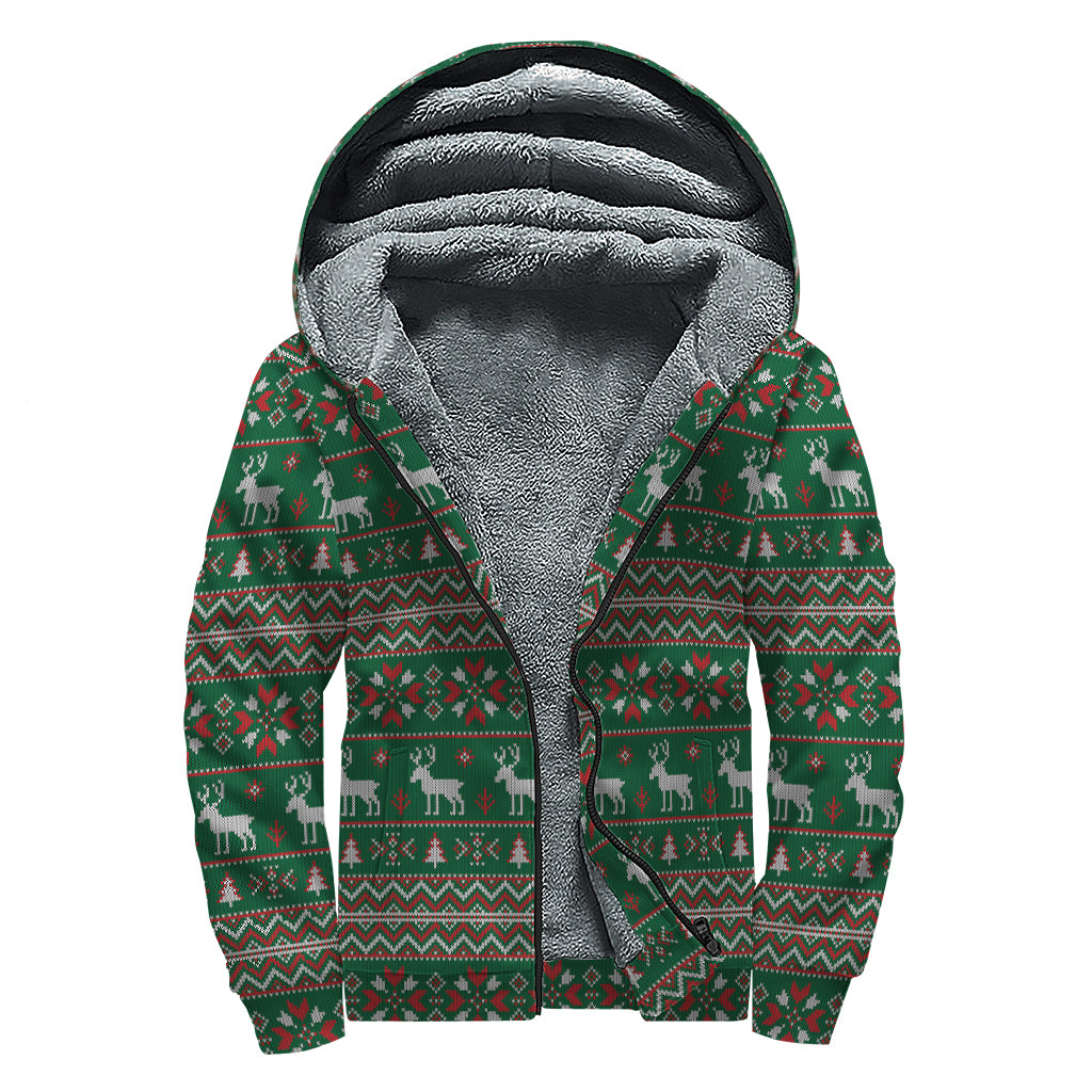 Christmas Holiday Knitted Pattern Print Sherpa Lined Zip Up Hoodie