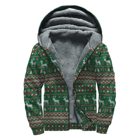 Christmas Holiday Knitted Pattern Print Sherpa Lined Zip Up Hoodie