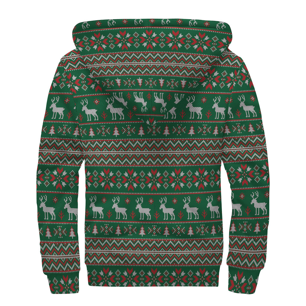 Christmas Holiday Knitted Pattern Print Sherpa Lined Zip Up Hoodie