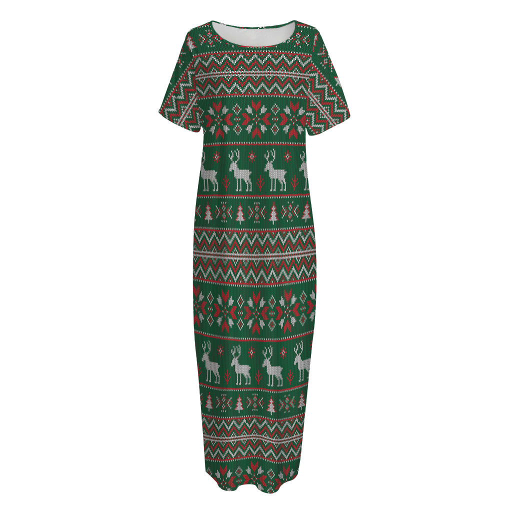 Christmas Holiday Knitted Pattern Print Short Sleeve Long Nightdress
