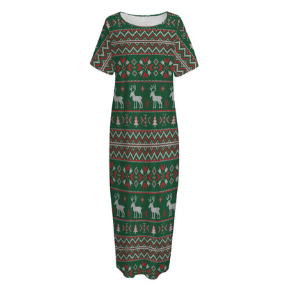 Christmas Holiday Knitted Pattern Print Short Sleeve Long Nightdress