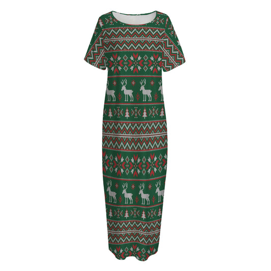Christmas Holiday Knitted Pattern Print Short Sleeve Long Nightdress