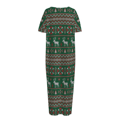 Christmas Holiday Knitted Pattern Print Short Sleeve Long Nightdress