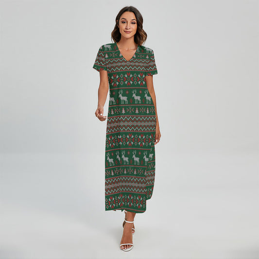 Christmas Holiday Knitted Pattern Print Short Sleeve Maxi Dress