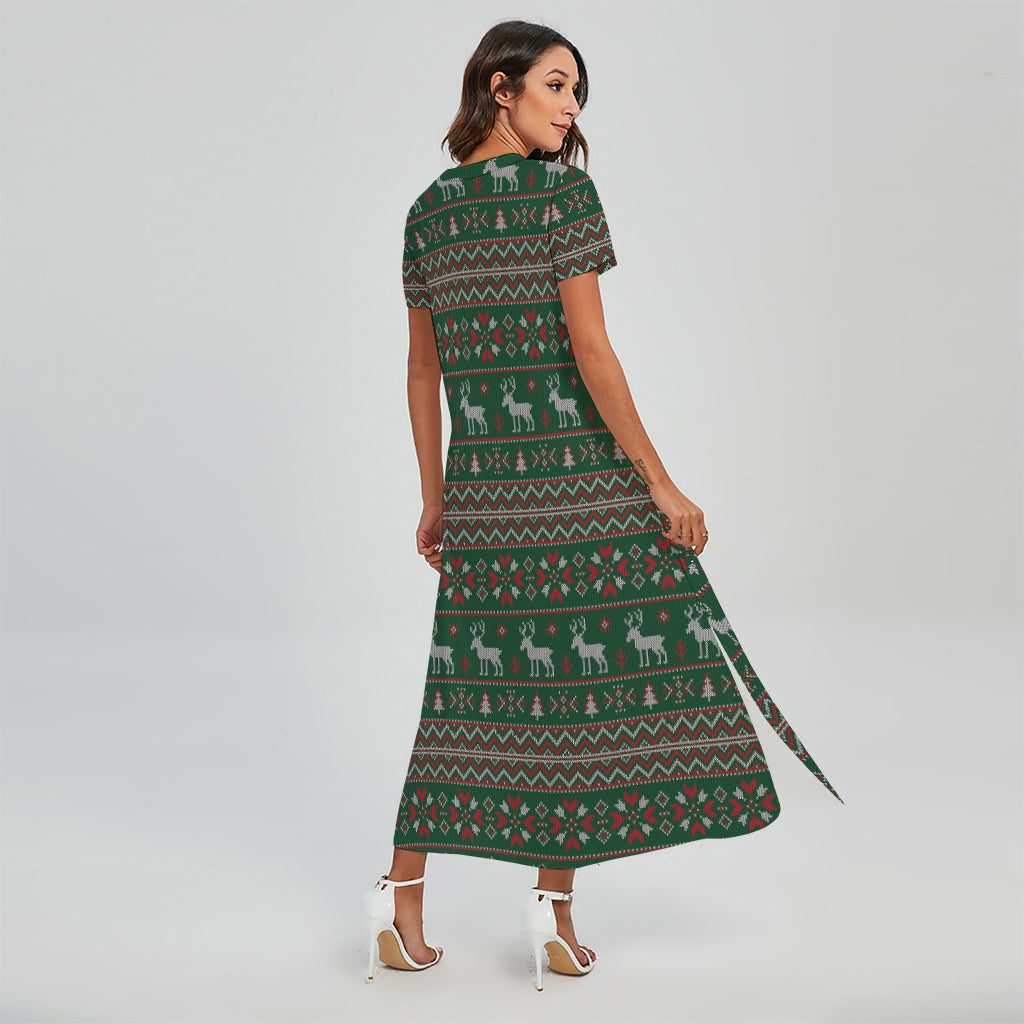 Christmas Holiday Knitted Pattern Print Short Sleeve Maxi Dress